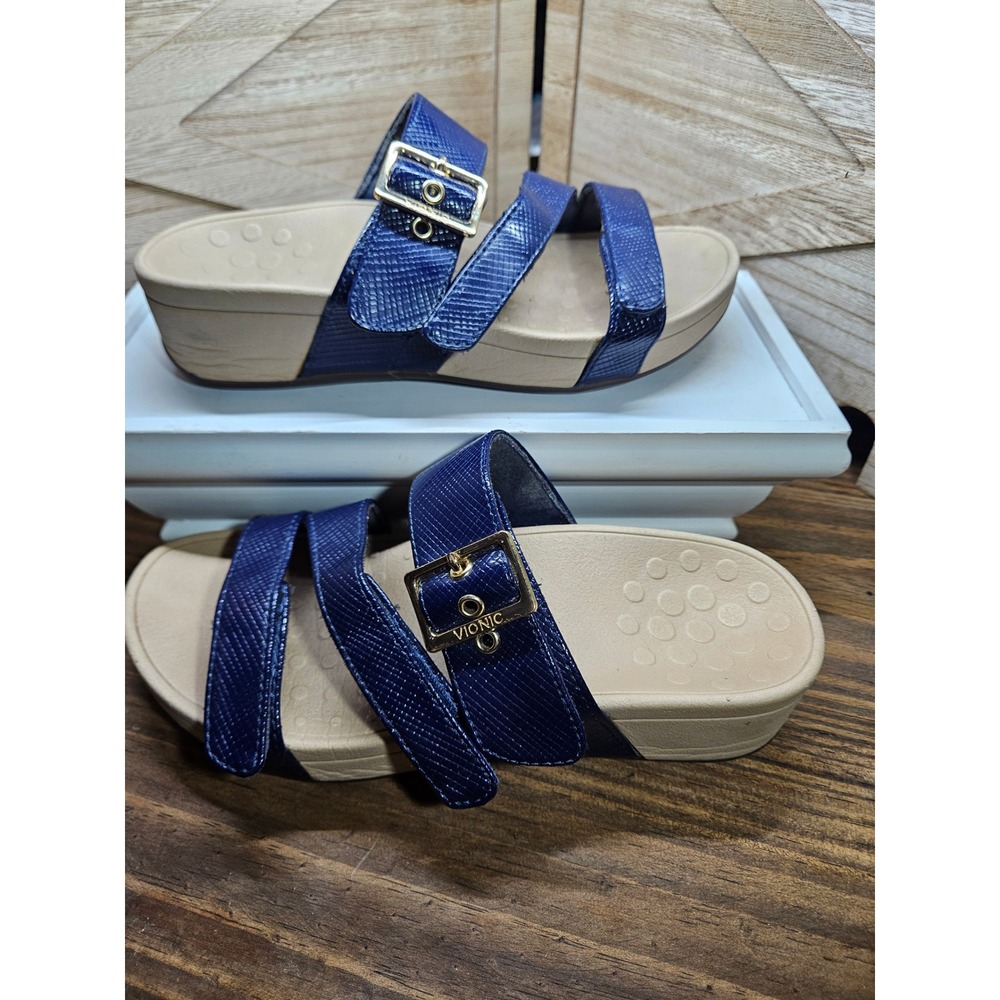 Vionic Rio Lizard Navy Blue Platform Sandals Gold… - image 7